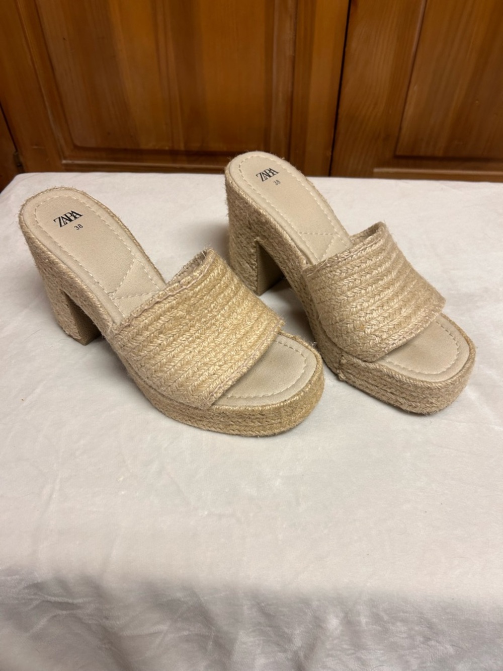 Zara Natural Woven Jute Platform Slide Heels - Picture 4 of 8